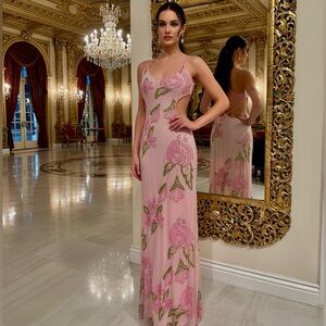 Elegant Pink Floral‎ hand, beaded Attitudes by Debra Evening Dress NWT